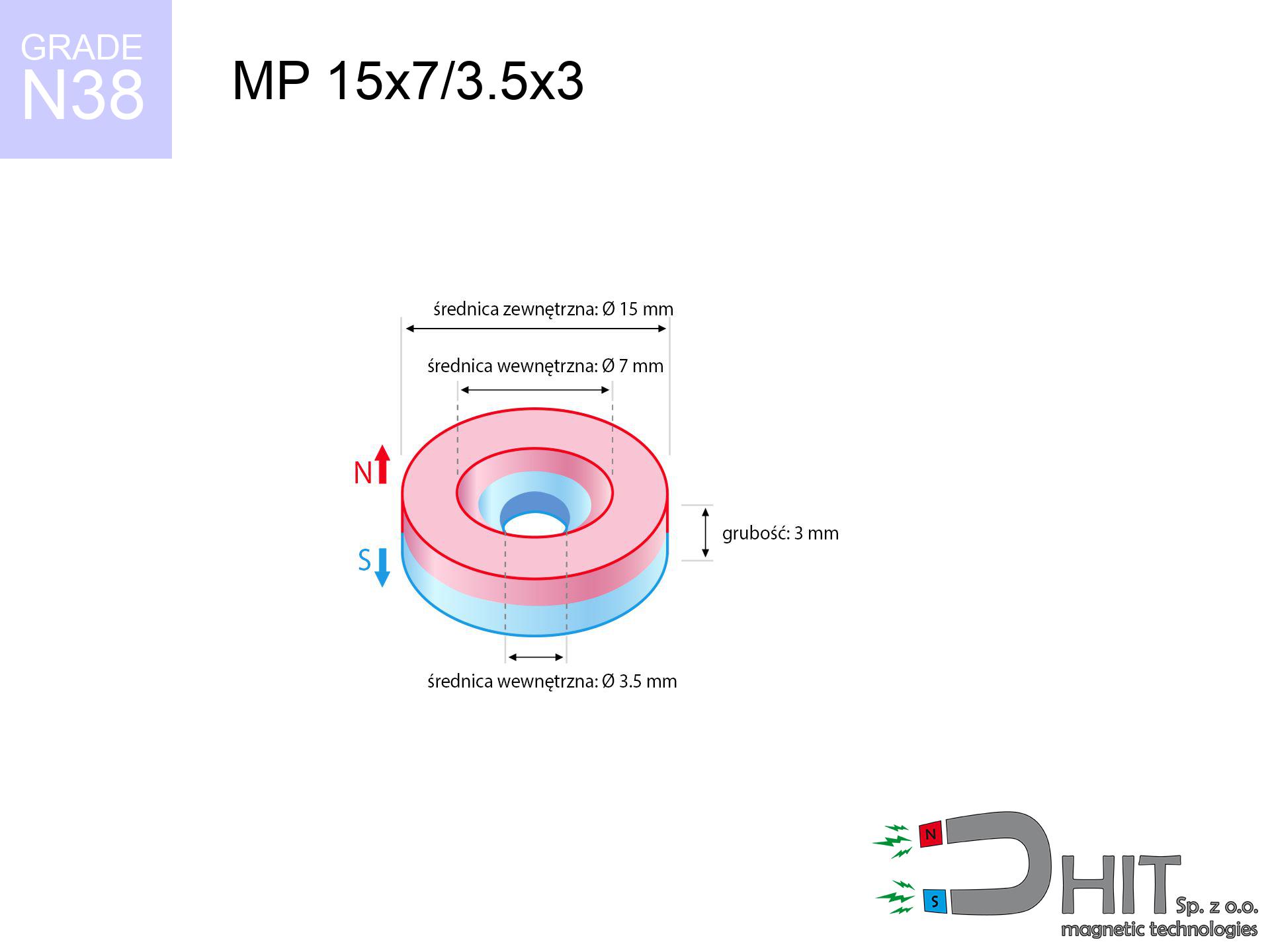 MP 15x7 3 5x3 N38 to super mocny pierścieniowy magnes neodymowy z