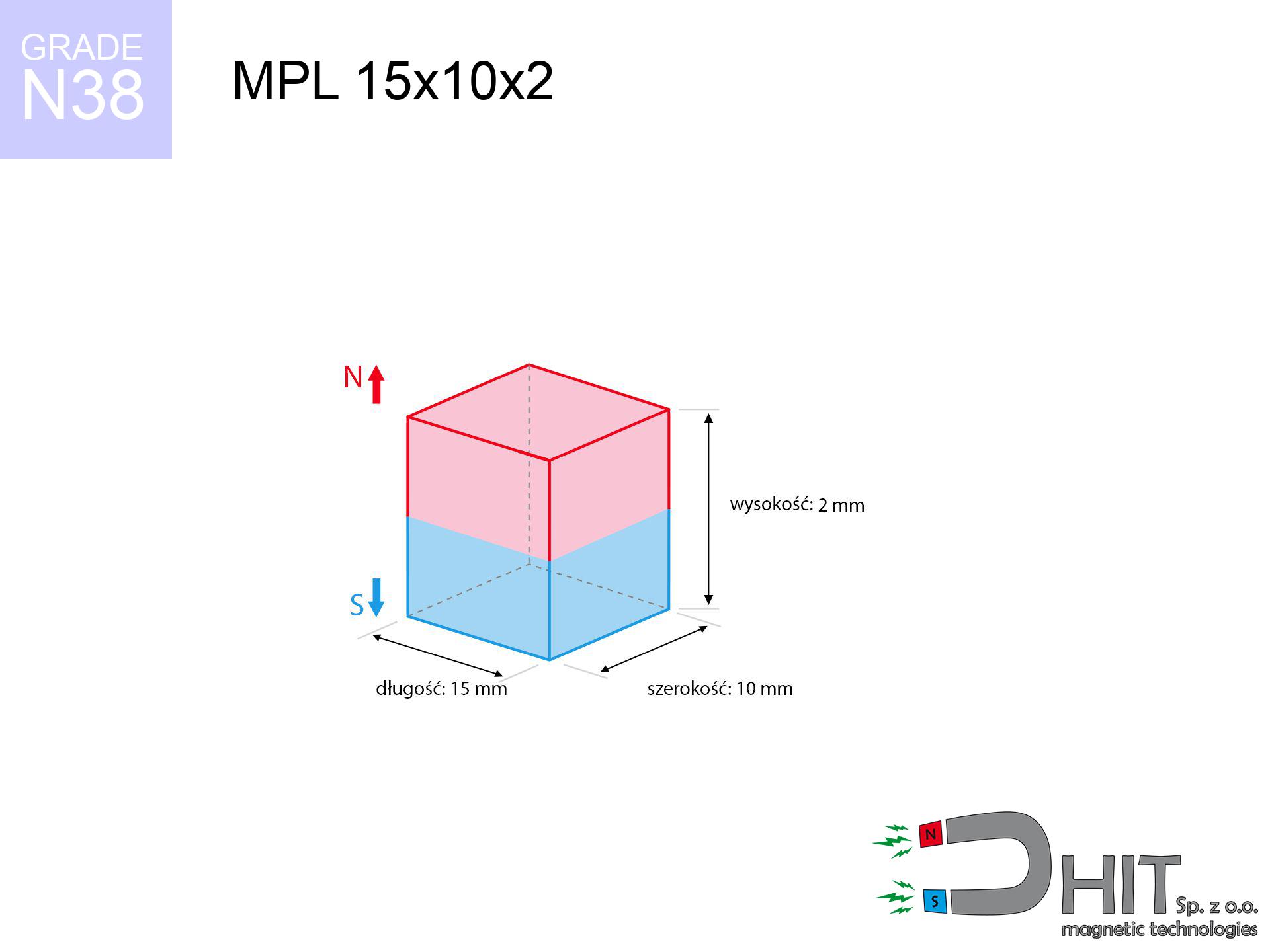 MPL 15x10x2 / N38 - magnes neodymowy płytkowy