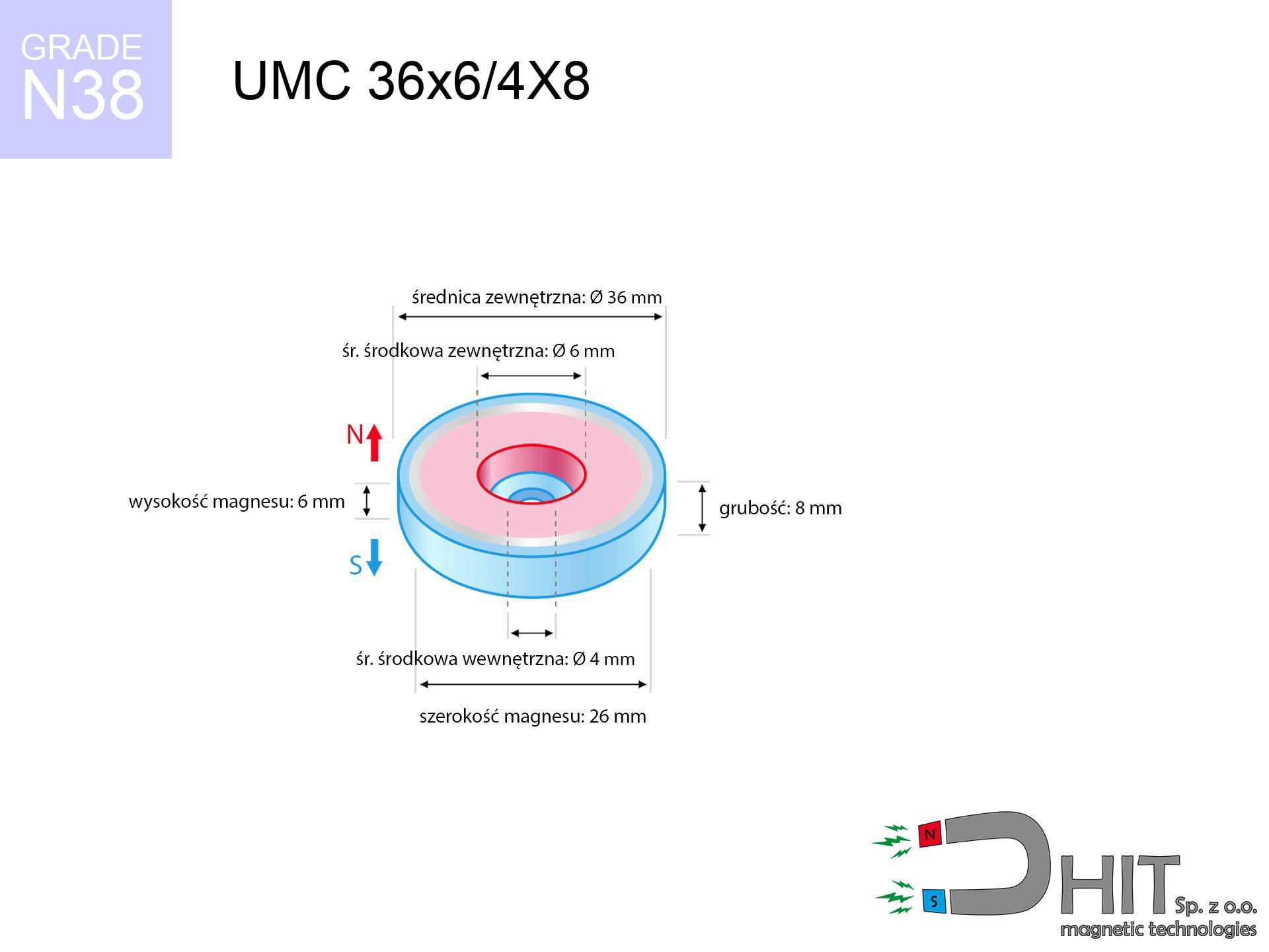 UMC 36x6/4X8 / N38 - cylindrical magnetic holder