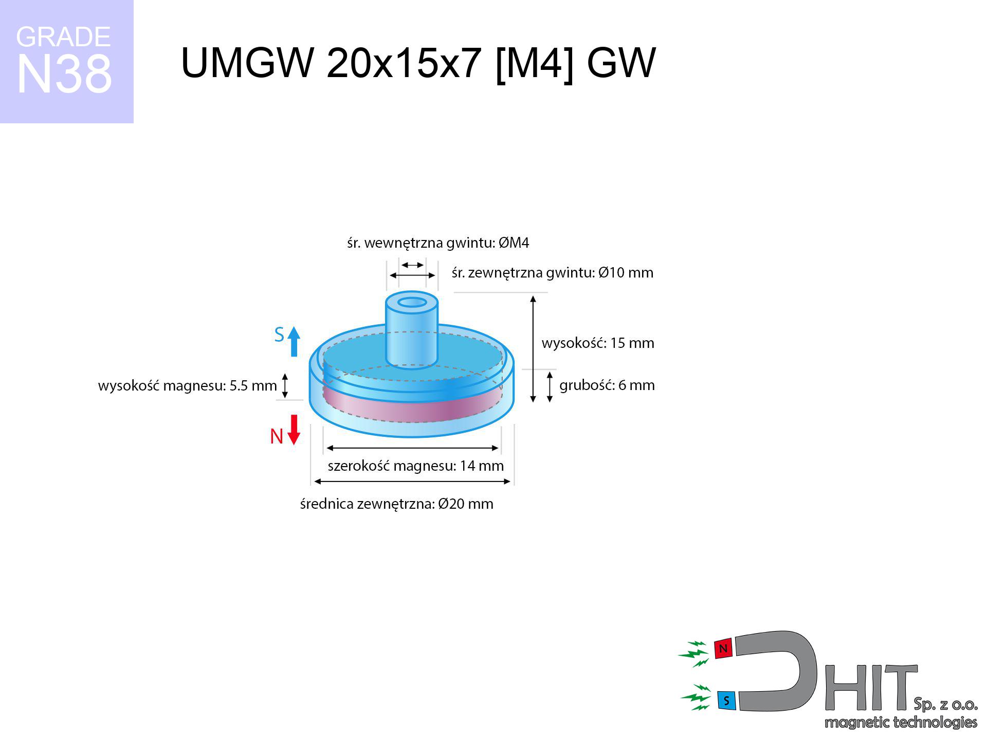 UMGW 20x15x7 [M4] GW / N38 - uchwyt magnetyczny gwint wewnętrzny